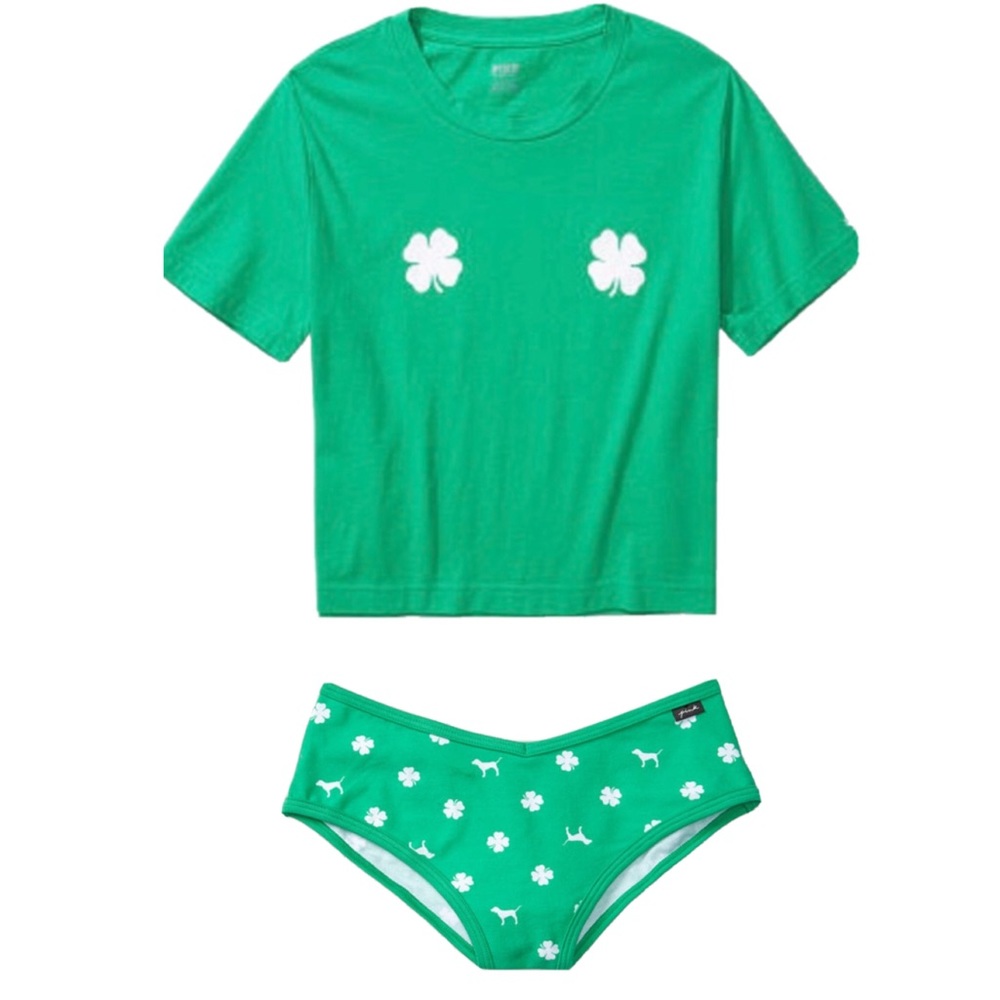 VS pink Irish you were here st Patrick’s day shamrock Crop Tee & panty set small
